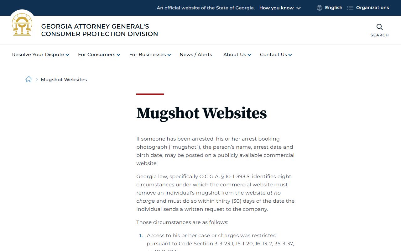 Georgia Attorney General consumer page about mugshot websites